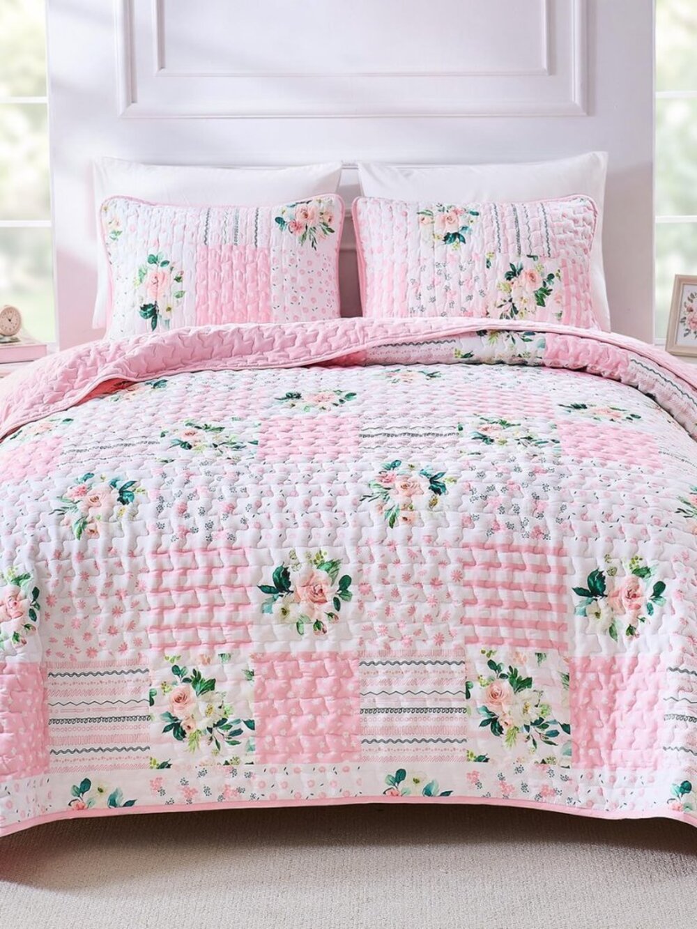 Full Queen Size Pink Floral Quilt Bedding Set Reversible Patchwork Quilted